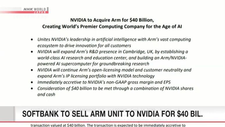SoftBank to sell Arm unit to Nvidia for $40 bil. SoftBank to sell Arm unit to Nvidia for $40 bil.