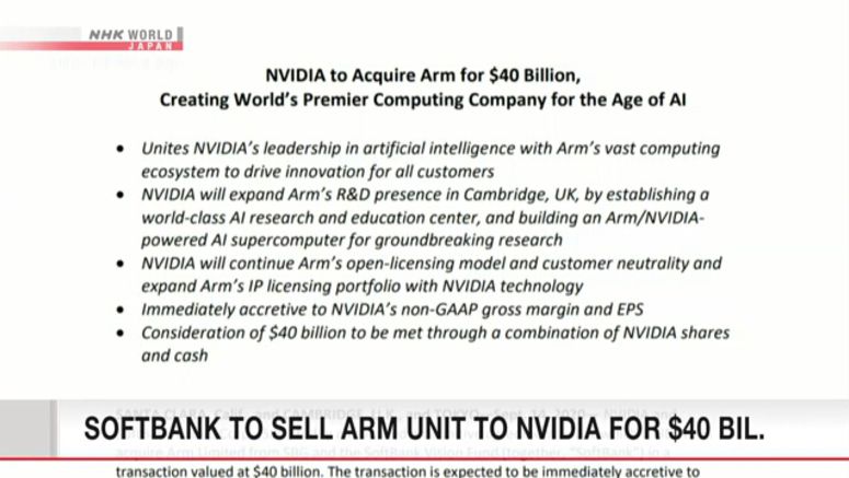 SoftBank to sell Arm unit to Nvidia for $40 bil.