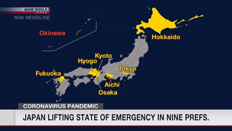 Japan lifting state of emergency in nine prefs.