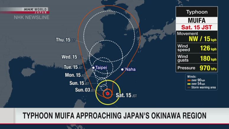 Typhoon Muifa likely to hit Okinawa's southern islands from Sun. through Wed.
