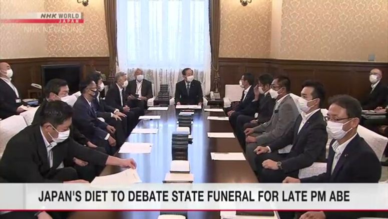 Japan ruling, opposition camps to discuss state funeral for late PM Abe on Thu.