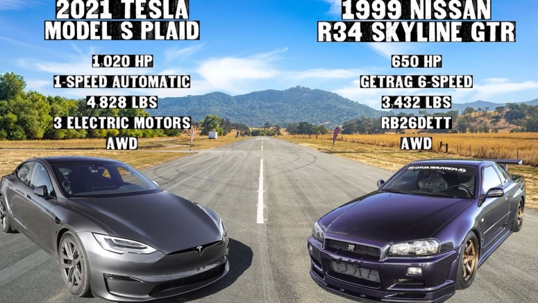 650 HP Nissan Skyline R34 GT-R Has No Hope Against A Tesla Model S Plaid But Is So Much Cooler