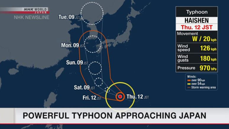 Typhoon Haishen approaching southwestern Japan