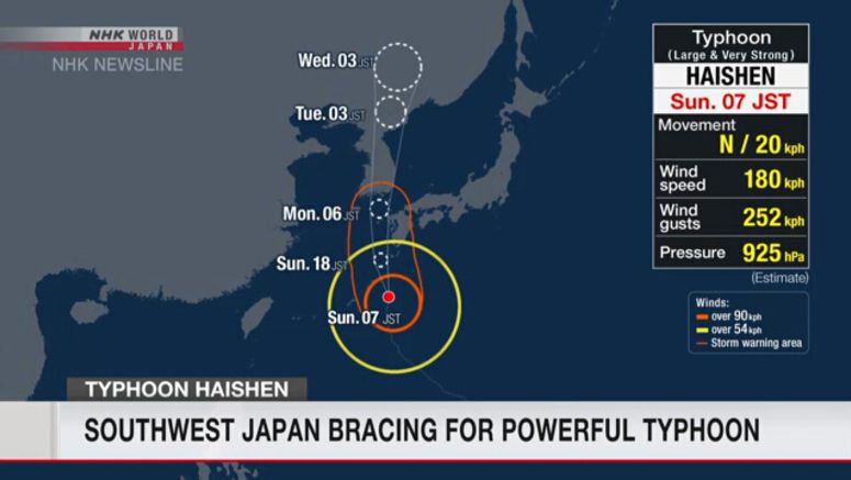 Typhoon Haishen weakens but still powerful