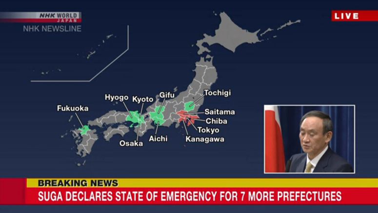 Suga declares state of emergency for 7 more prefs.