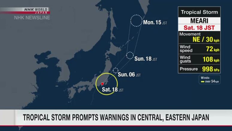 Tropical storm prompts warnings in central, eastern Japan